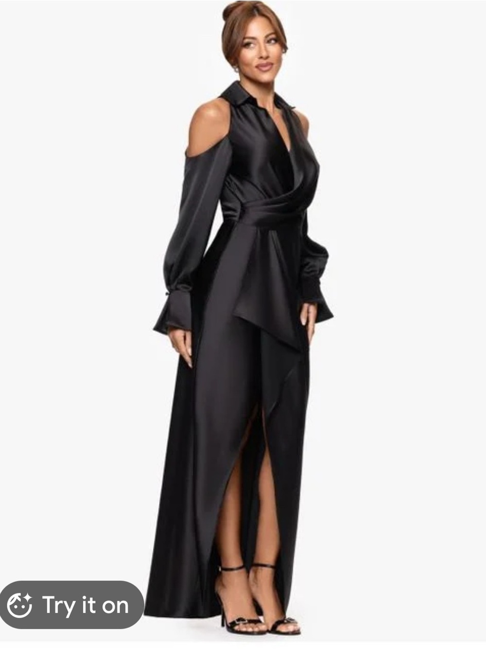 Xscape Black One-Shoulder Satin Wrap Maxi Dress